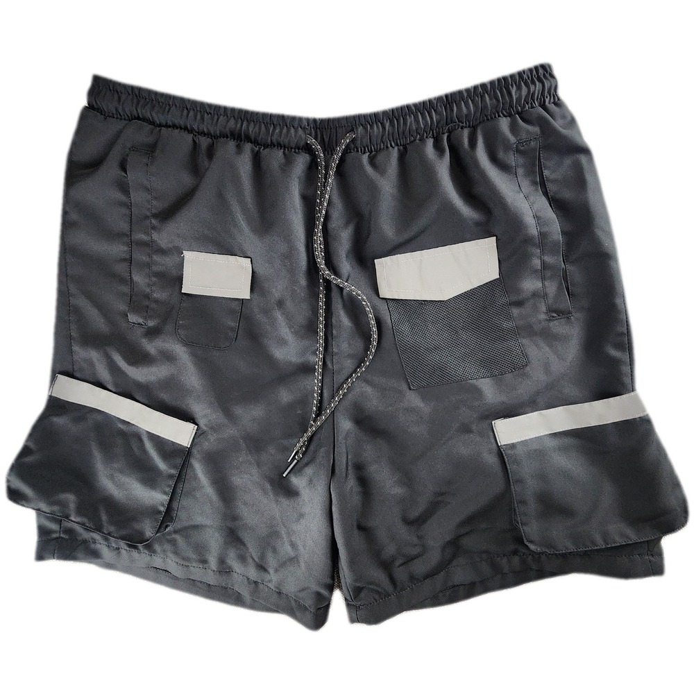 Reason Men's L Black Utility Cargo Shorts Reflective Swim Trunks Y2K 

Utility